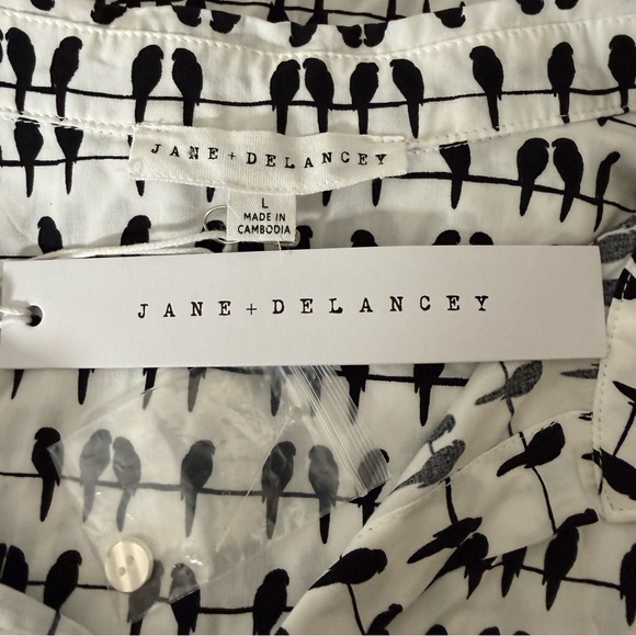 Jane Delancey Shirt Womens L White Black Parrot Bird Wire Long Sleeve Button Up - Picture 8 of 12